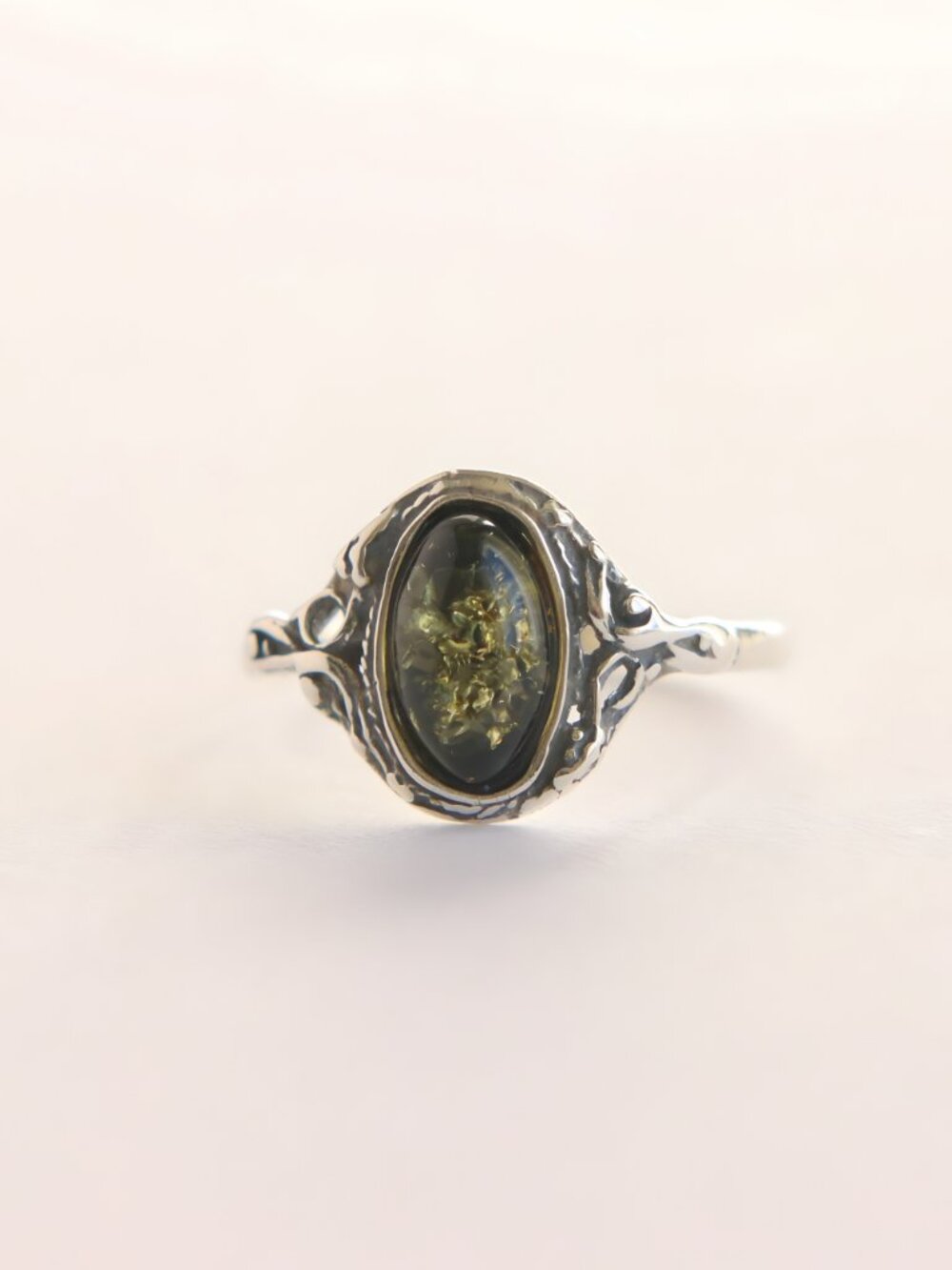 Baltic Green Amber Victorian Ring -Sterling Silver - Picture 4 of 5